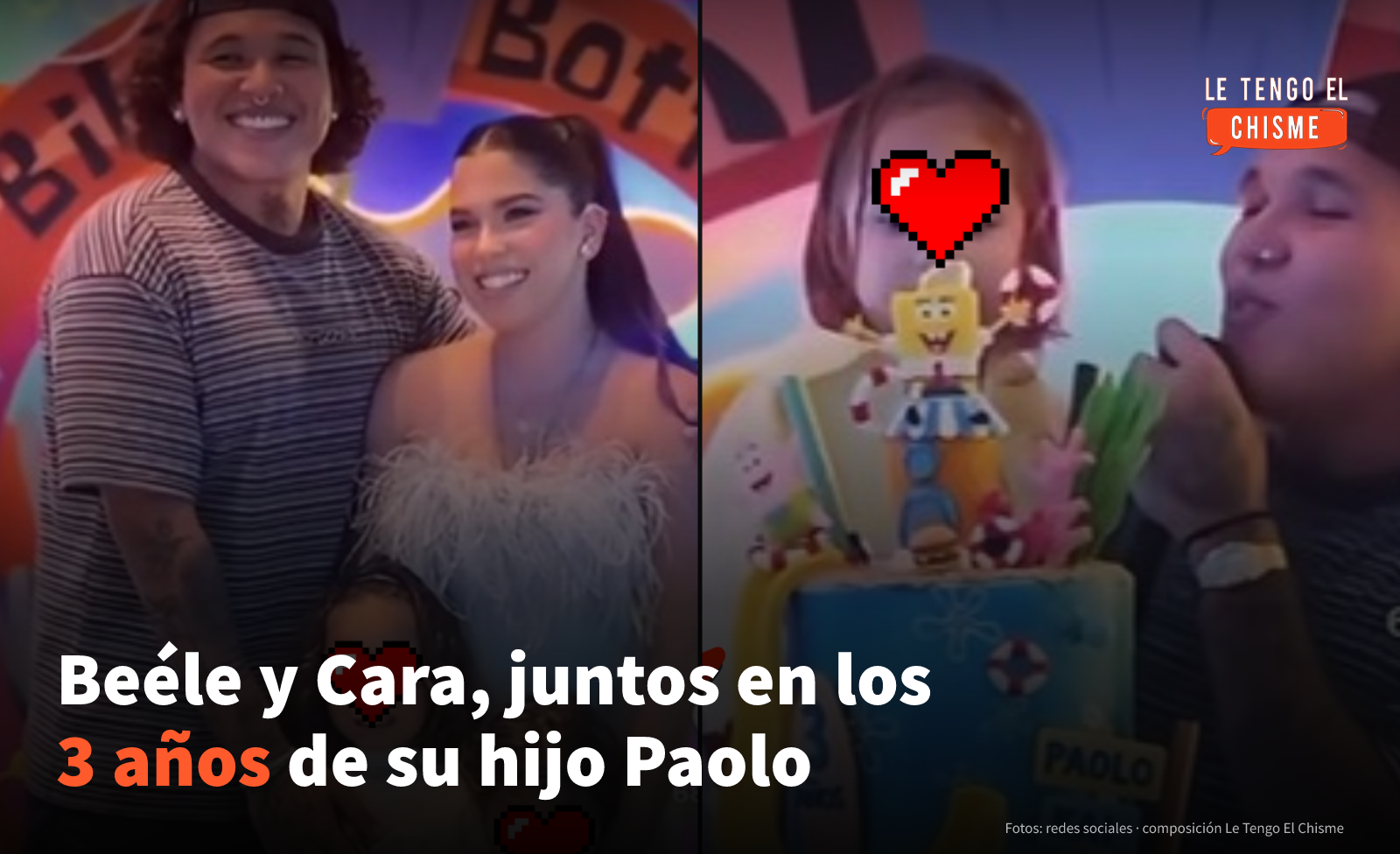 Beéle y Cara Rodríguez posan con sus hijos, con los rostros cubiertos, en la fiesta de Bob Esponja por los tres años de Paolo