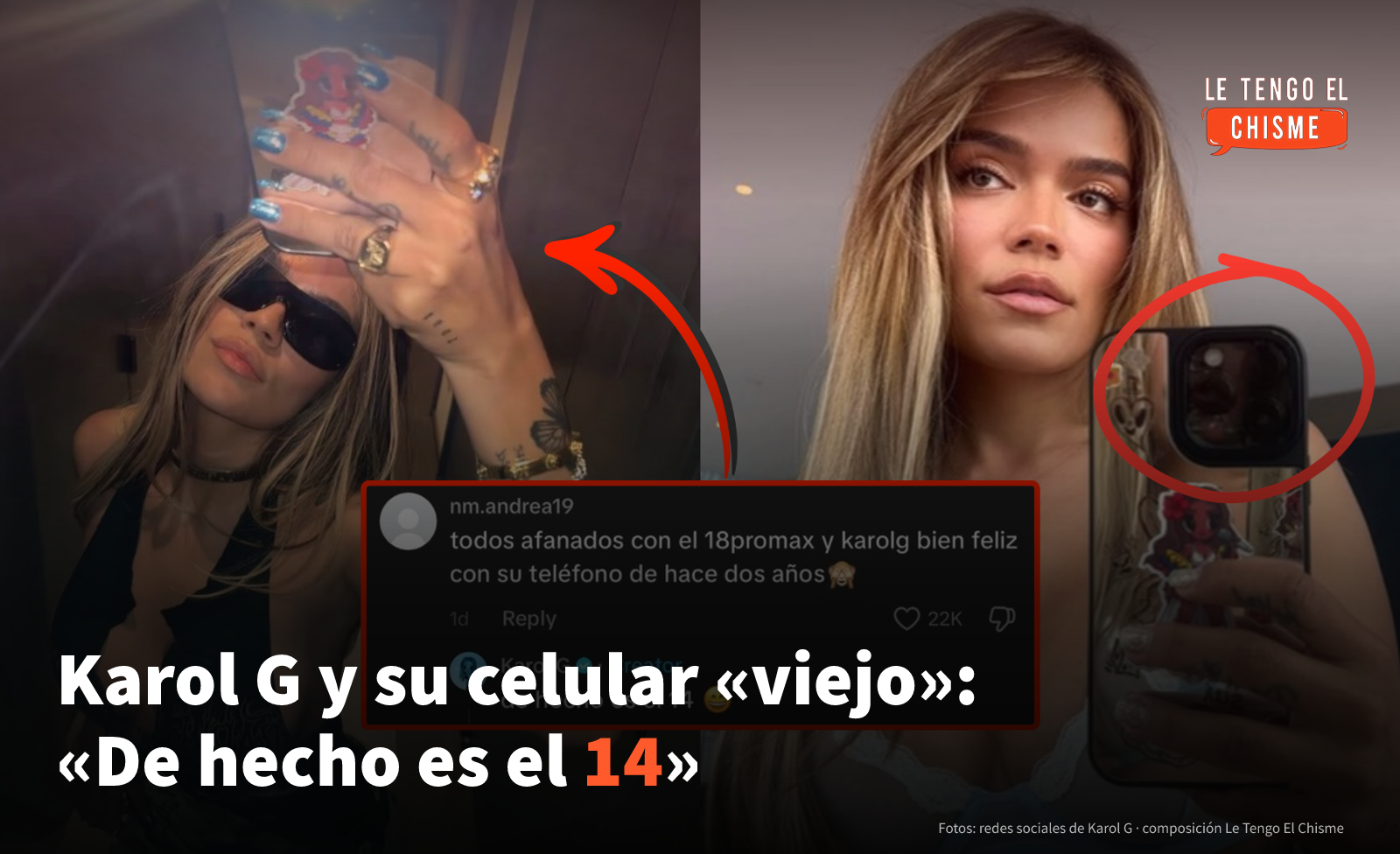 Karol G en fotos frente al espejo con su celular y el comentario en el que respondió «De hecho es el 14»