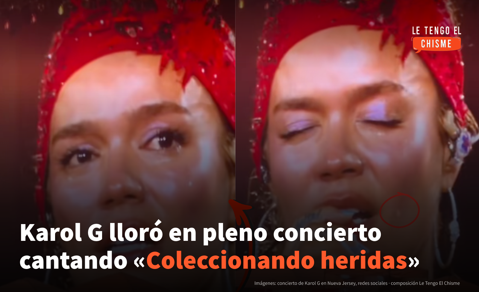 Karol G con lágrimas en los ojos mientras canta en el MetLife Stadium de Nueva Jersey