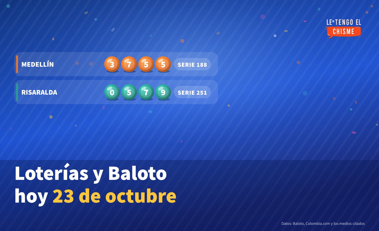 Ficha con los resultados de las loterías y del Baloto del 23 de octubre de 2026
